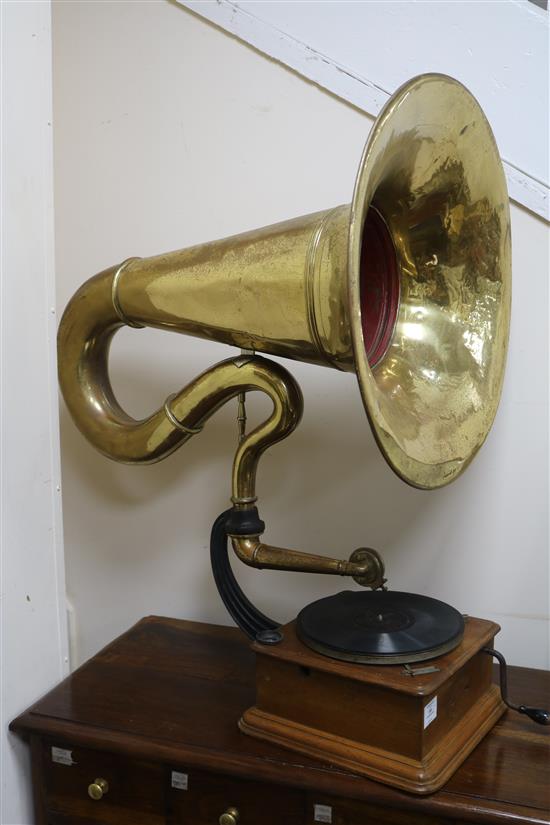 A gramophone with brass horn